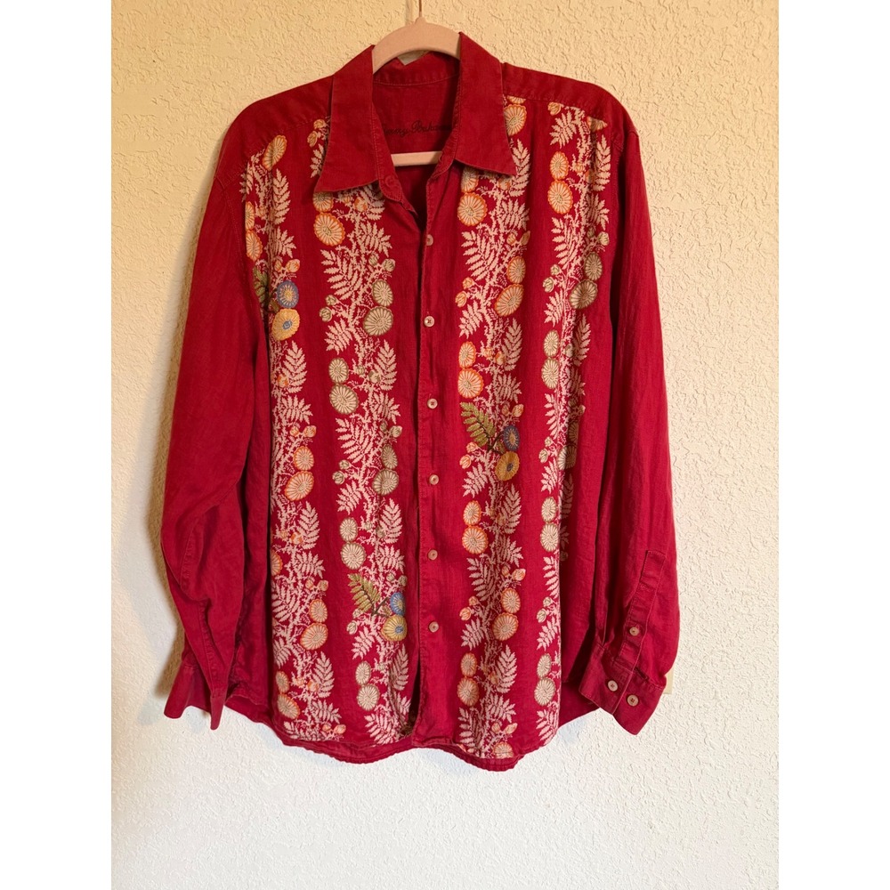 Tommy Bahama Mens Large Red 100% Linen Floral Embroidered Button Down Shirt